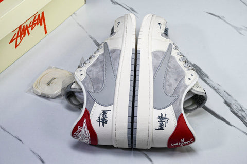 Travis Scott AJ1 Low x Stussy 'Grey White Red' (Custom)