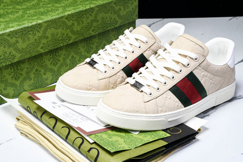 Guссi Ace Web 'Embossed Beige Monogram'